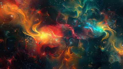 An abstract digital artwork with a cosmic theme. The scene includes swirling colors, star-like elements