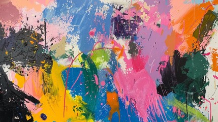 An abstract expressionist piece with vibrant splashes of color and energetic brushwork. The scene captures a sense of spontaneity
