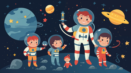 Naklejka premium Cute Astronauts Exploring Space With Planets And Stars
