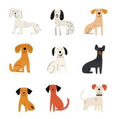 set of cute dogs doodle outlines in transparent 