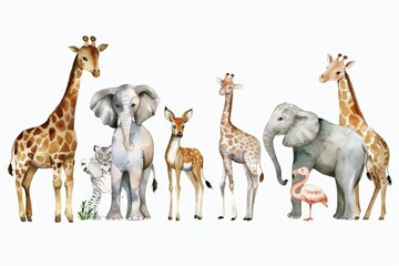 Adorable watercolor safari animals illustration of a giraffe, elephants, tiger, flamingo, deer, lion, and zebra, wildlife tropical leaves and flowers on a white background