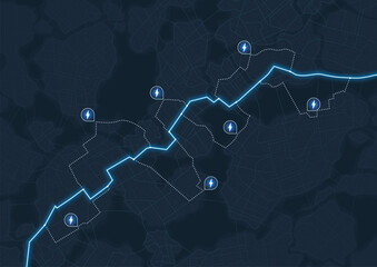 Digital map with highlighted blue line route. Map features several with power stations, points of electrical interest. Vector illustration