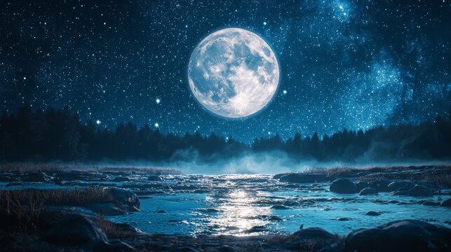 Mystical moon floating in a starry sky, ethereal light casting soft shadows over a quiet night scene