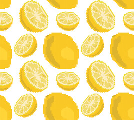 Seamless pixel pattern with a whole lemon and its halves of different sizes in vector. Ideal for game and retro design, packaging, textiles and digital art projects.