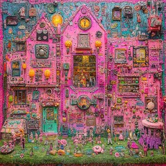 Obraz premium Pink House With a Miniature World