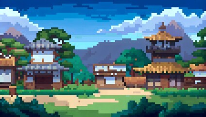 Obraz premium Japanese village pixel art background. 8-bit game assets