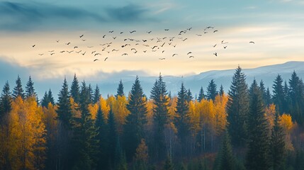 Obraz premium A serene landscape featuring autumn trees and birds in flight against a cloudy sky.