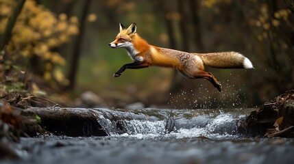 Naklejka premium Red Fox Leaping Over a Stream in the Forest