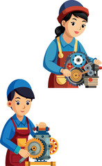 Female mechanic repairing engine with gears and cogs-