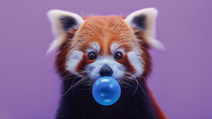 Portrait of red panda blowing blue bubble gum