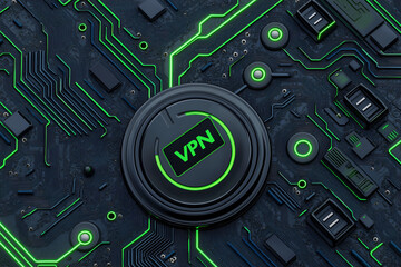 A VPN icon on a digital circuit background, symbolizing secure internet connections