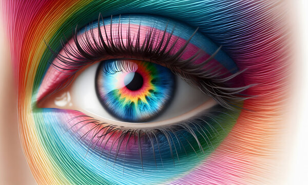 Makro, Auge und Iris einer Frau in Regenbogenfarben
