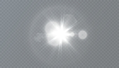 Light effect of white glowing light. Solar flare. Glow effect. Starbursts with twinkling highlights. Beautiful light effect of flickering highlights. Vector 10 EPS	
