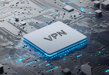 A VPN icon on a digital circuit background, symbolizing secure internet connections