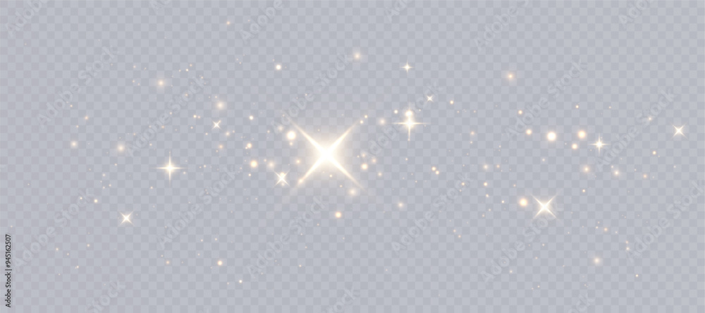 Poster Bokeh glow background of sparkling dust, gold dust light, background with bokeh light effect, yellow shimmering glow with bokeh and glitter light. Vector	