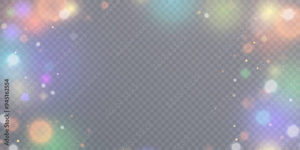 Poster Glowing light effect with many shiny particles isolated on transparent background. Frame of glare and bokeh for web design and illustrations.