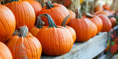 Banner with orange pumpkins on wooden racks at farmer's market