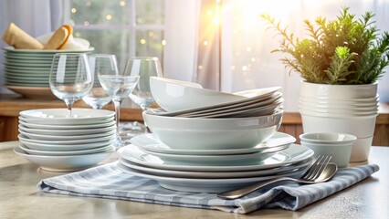 Photo image of a sparkling clean dish placed on top of a stack of clean plates, towels, and utensils.
