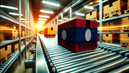 Fototapeta premium A package with the Laos flag design moves along a conveyor belt in a brightly lit warehouse, symbolizing logistics, shipping, and e-commerce operations