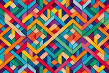 Bursting with color and energy, intricate shapes overlap and intersect, forming bold patterns that dance across the canvas with dynamic visual tension.