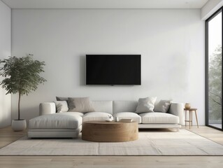Modern Living Room with White Sectional Sofa, TV, and a Wooden Coffee Table