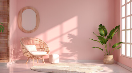 A cozy living room with a wicker chair, a round mirror, and a potted plant in a light pink setting.