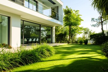 Modern house with a lush green lawn and trees, showcasing a serene outdoor space.