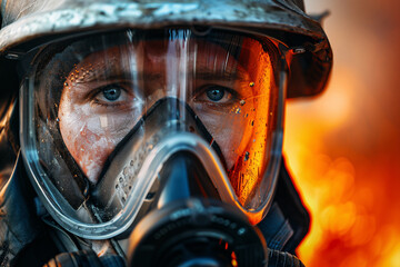 Fototapeta premium Close up of face of male firefighter with helmet with fire in blurry background