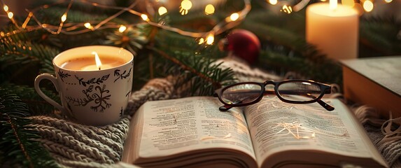 A cozy winter scene with an open book, glasses on the table, and a coffee cup.