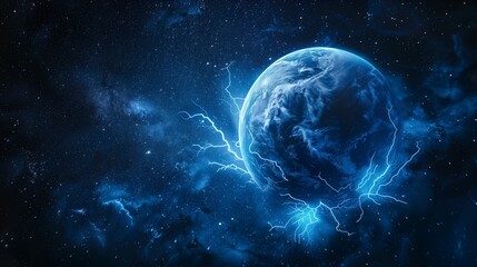 A stylized depiction of Earth surrounded by cosmic elements and electric energy.