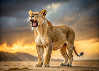 a photo image of a majestic lioness standing proudly on sandy terrain, mouth wide open, releasing a powerful thunderous roar