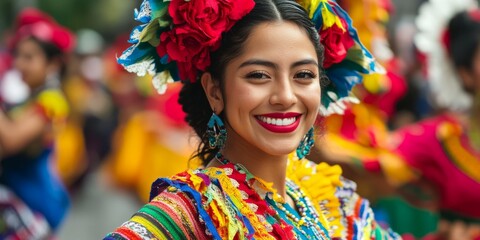 Fototapeta premium Woman in traditional dress with floral headdress smiling at parade