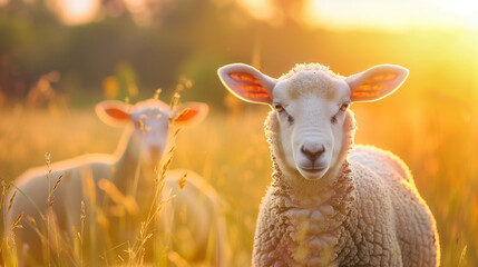 Obraz premium Islamic background, Feast of Sacrifice, sheep look at the camera in the field