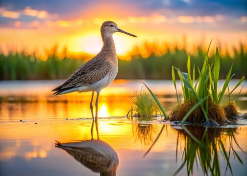 Photo image of a willet wader standing on the shore of a calm, serene lake at sunrise, with reeds and water lilies in the background.