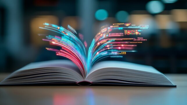A large open book with its pages transforming into a flow of colorful
