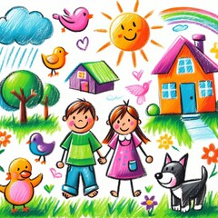 Colorful children's drawing of a happy scene with kids, pets, house, and nature. Vibrant and playful illustration.