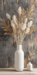 Clay vase with bouquet of dried flowers on wooden table. Home interior in minimalist style