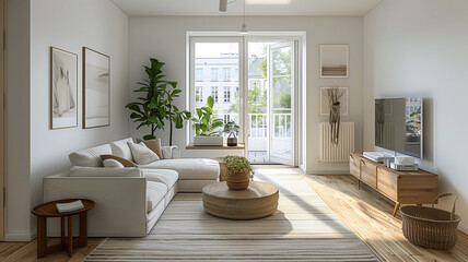 A cozy and inviting living room interior featuring a mix of natural materials and boho-inspired decor. The large windows, potted plants, and soft textiles