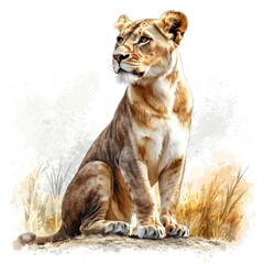Fototapeta premium A realistic high-resolution photo of a majestic lioness watching over her territory, rendered in watercolor clipart style. The lioness's strong frame and alert posture are depicted with bold