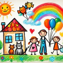 Colorful children's drawing with a happy family, house, rainbow, and balloons celebrating joy and togetherness.