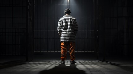 A back view photo of a prisoner with prison clothes standing far away. Neural network ai generated art