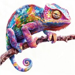 Obraz premium A detailed realistic photo of a vibrant chameleon on a branch, depicted in watercolor clipart style. The chameleon's bright colors and textured skin are illustrated with fine details, highlighting