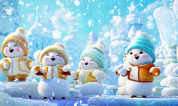 Cute snowmen in an icy fairytale atmosphere. Magic winter concept.