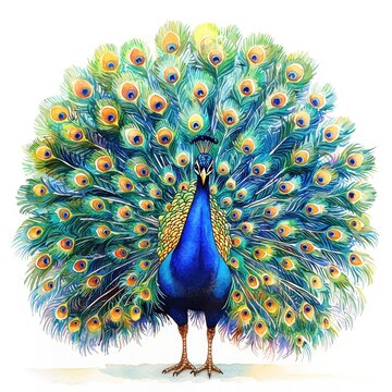 recommend clip art: A high-quality realistic photo of a vibrant peacock displaying its feathers, illustrated in a watercolor clipart style. The peacock's tail feathers are fanned out, showcasing a spectrum of bright