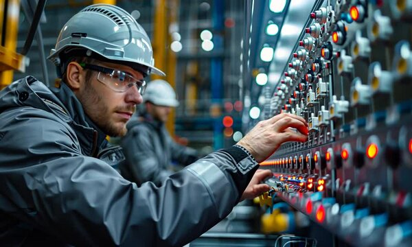 A skilled worker carefully adjusts control settings on a complex panel, surrounded by glowing lights and focused colleagues in a busy industrial setting