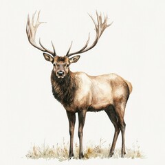 Fototapeta premium A high-quality photo of a regal elk standing proudly, depicted in watercolor clipart style. The elk's large antlers and muscular build are illustrated with soft, natural tones, capturing its majestic