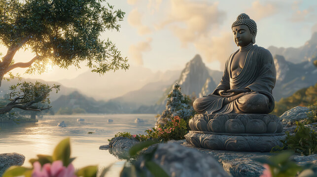 budha statue tranquil peaceful meditation beautiful scenery background