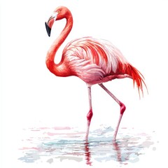 A realistic high-resolution photo of a graceful flamingo standing in shallow water, rendered in watercolor clipart style. The flamingo's long legs and vibrant pink feathers are depicted with soft