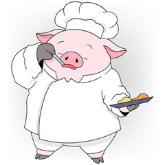 pig wearing chef clothes promoting delicious food