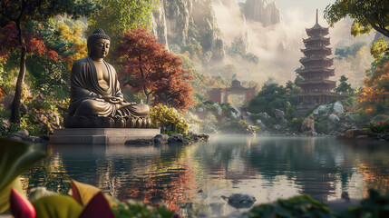 budha statue tranquil peaceful meditation beautiful scenery background